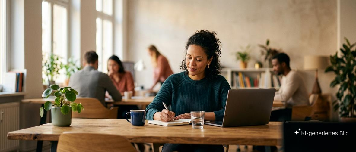 Frau sitzt im Büro am Holztisch mit Laptop und Notizbuch und plant ihr Sabbatical