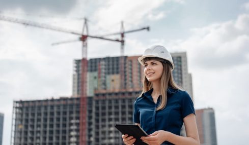 Junge Bauingenieurin auf Baustelle mit Laptop