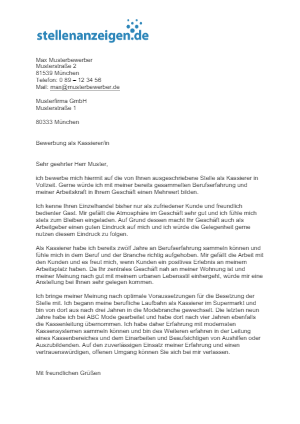 Bewerbungsvorlage Kassierer/in