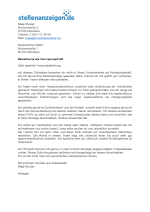 Bewerbungsvorlage Reinigungskraft