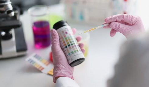 Eine Lacklaborantin mit pinken Gummihandschuhenhält einen Lackmus-Teststreifen in den Händen.