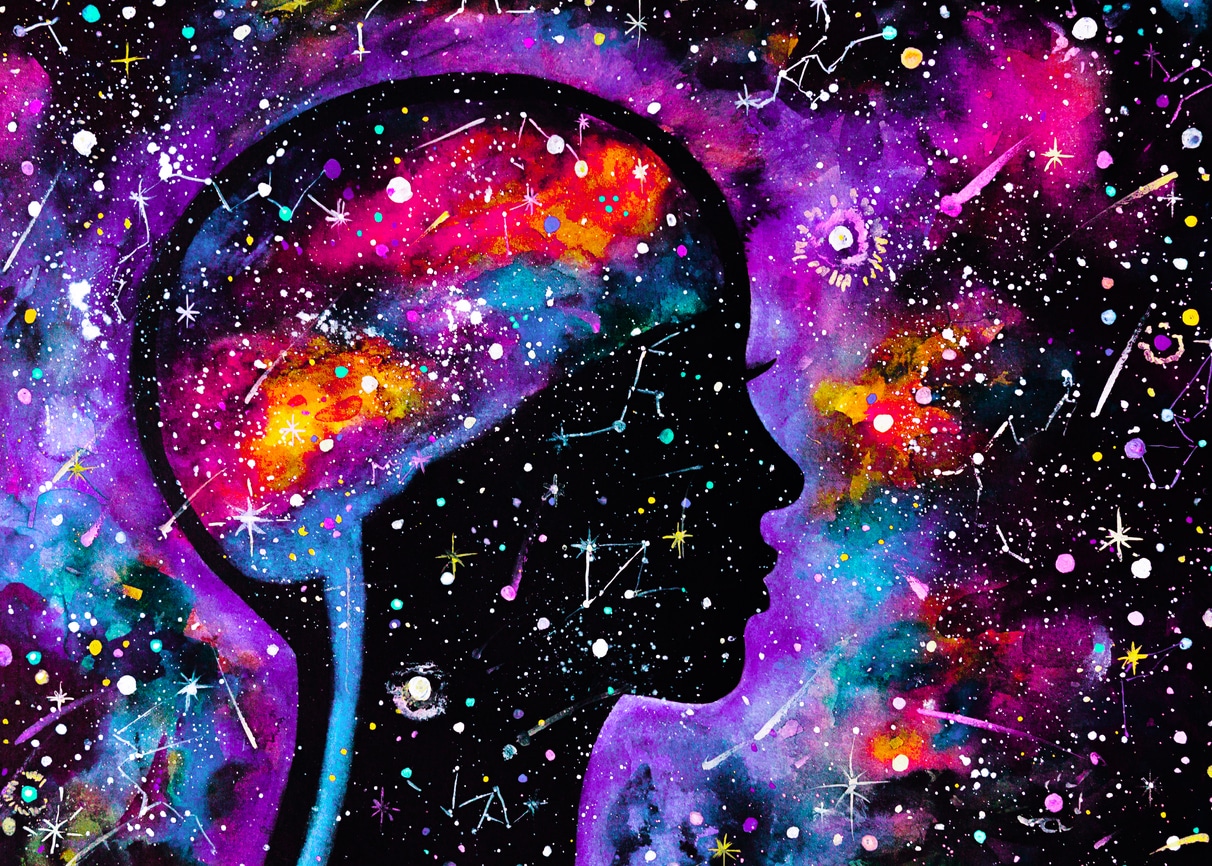 Aquarell mit Frauenkopf und Sternbildern für Horoskop