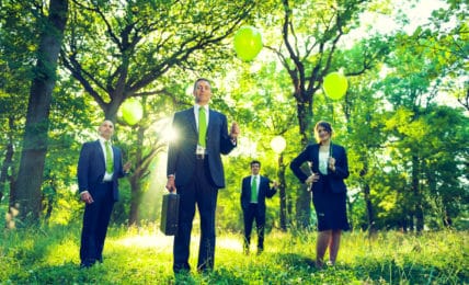 Grüne Unternehmen: Mitarbeiter stehen im Grünen und halten Ballons hoch