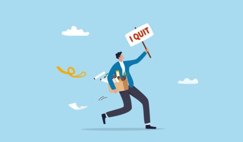 Quit full time job, resignation or end career, change job leaving company, employee termination, unemployment or burnout dissatisfaction exit layoff concept, businessman with stuff with quit job sign.