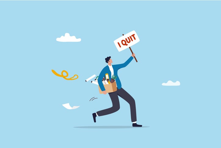 Quit full time job, resignation or end career, change job leaving company, employee termination, unemployment or burnout dissatisfaction exit layoff concept, businessman with stuff with quit job sign.