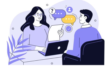 HR manager or recruiter interviewing work candidate, applicant. Job interview, vacancy, hiring recruitment process concept. Vector illustration.
