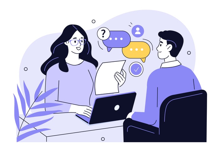 HR manager or recruiter interviewing work candidate, applicant. Job interview, vacancy, hiring recruitment process concept. Vector illustration.